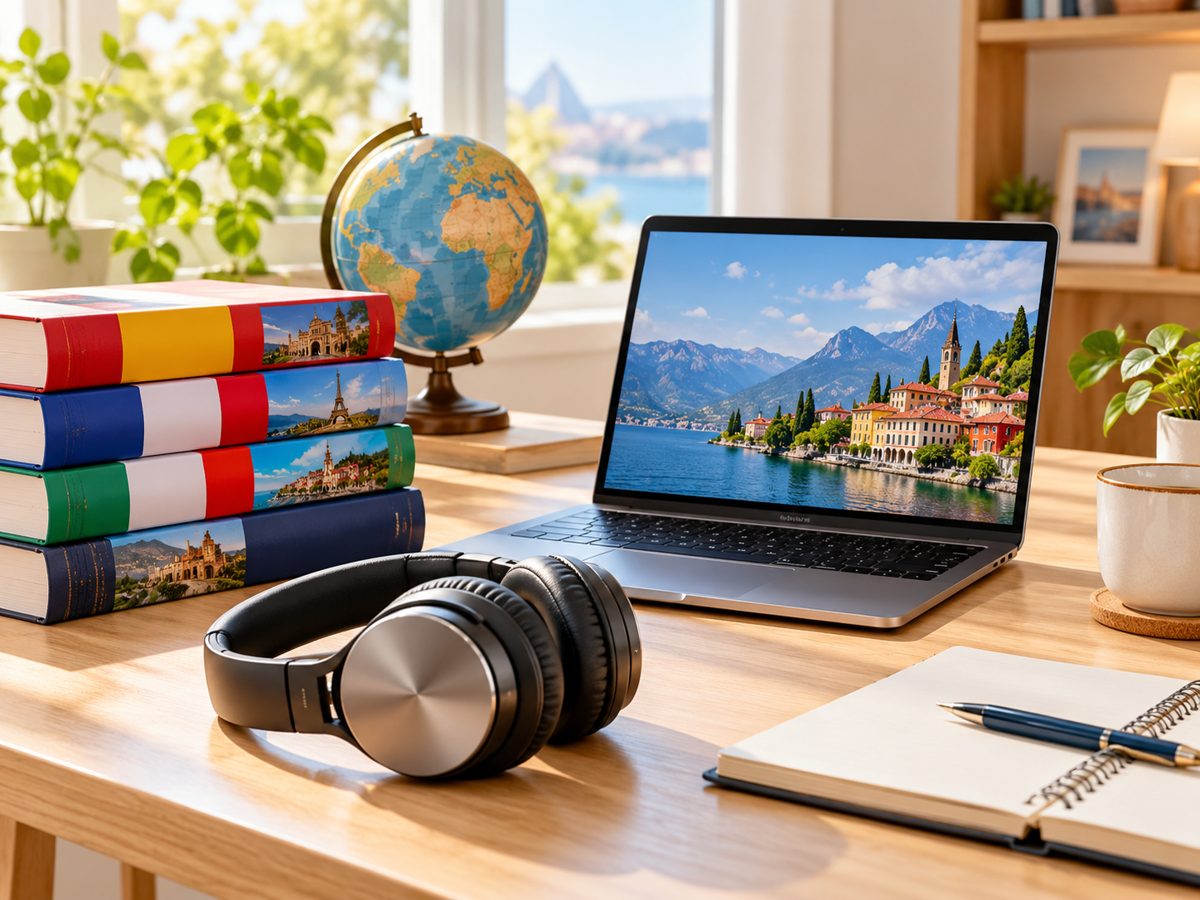 Notebook, fones e livros de idiomas sobre a mesa