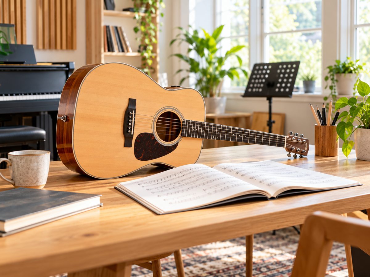Violão e partitura sobre a mesa da escola de música