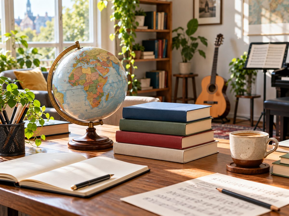 Globo terrestre e livros de idiomas na escola