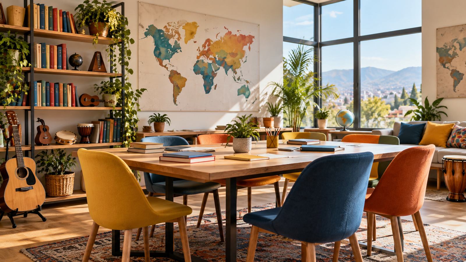 Sala de idiomas e música com mesas, mapa-múndi e instrumentos